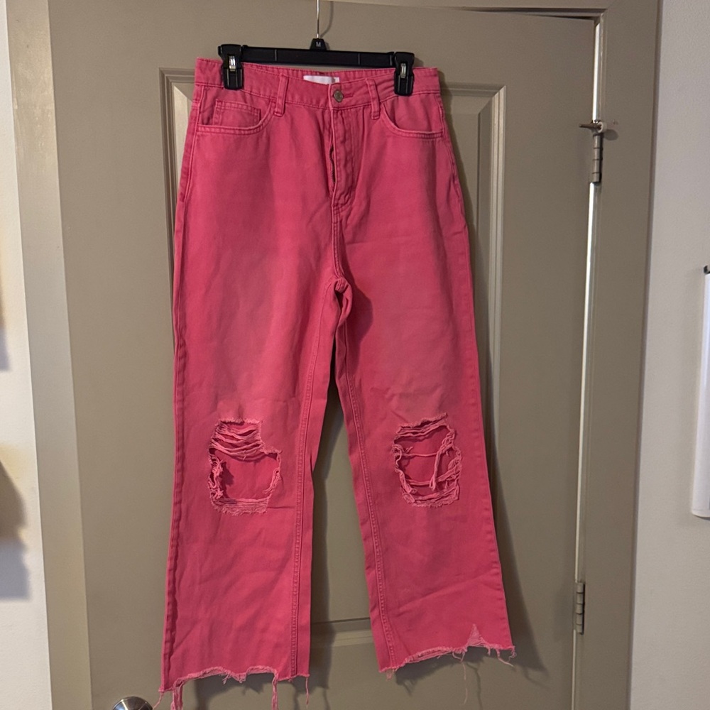 Vibrant Pink Distressed Women's Flare Jeans